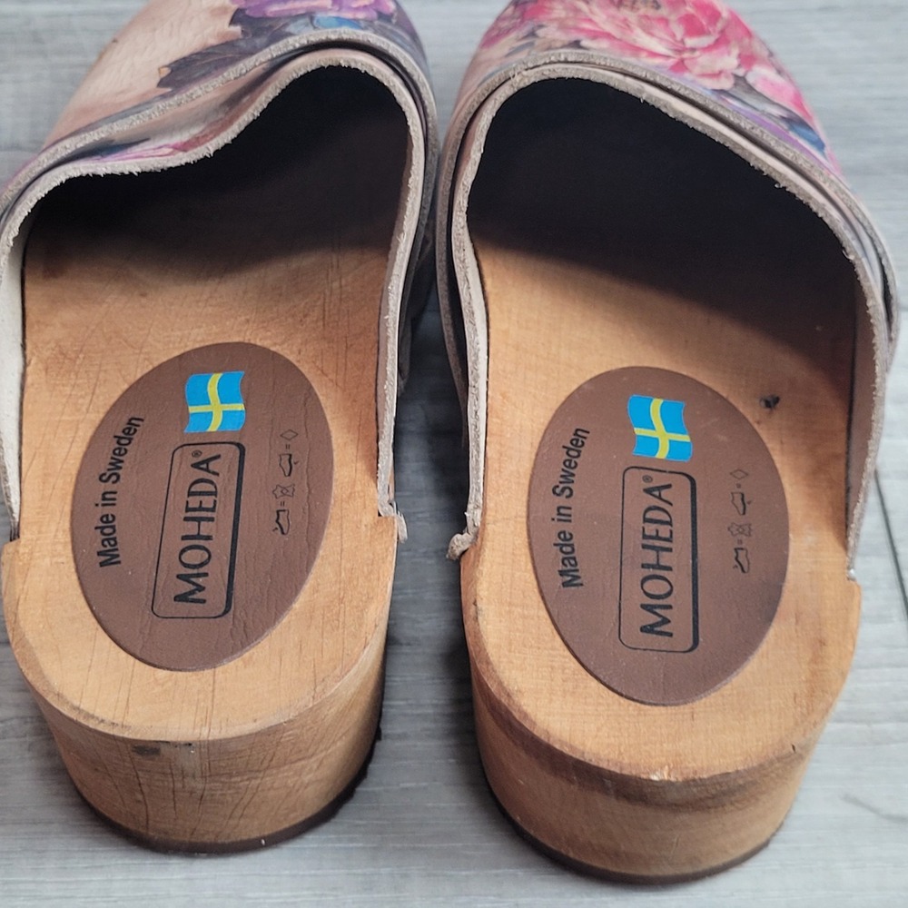 🌸Moheda Sweden Floral Leather Wooden Clogs Women 40 /US 9-9.5 (c-video) - Picture 8 of 16